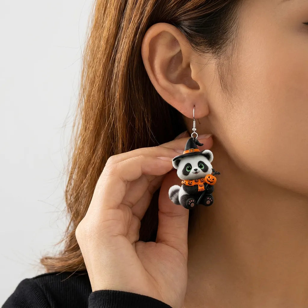Fluffy Panda Witch Hat Holding Pumpkin Bat Magic Wand Halloween Earrings