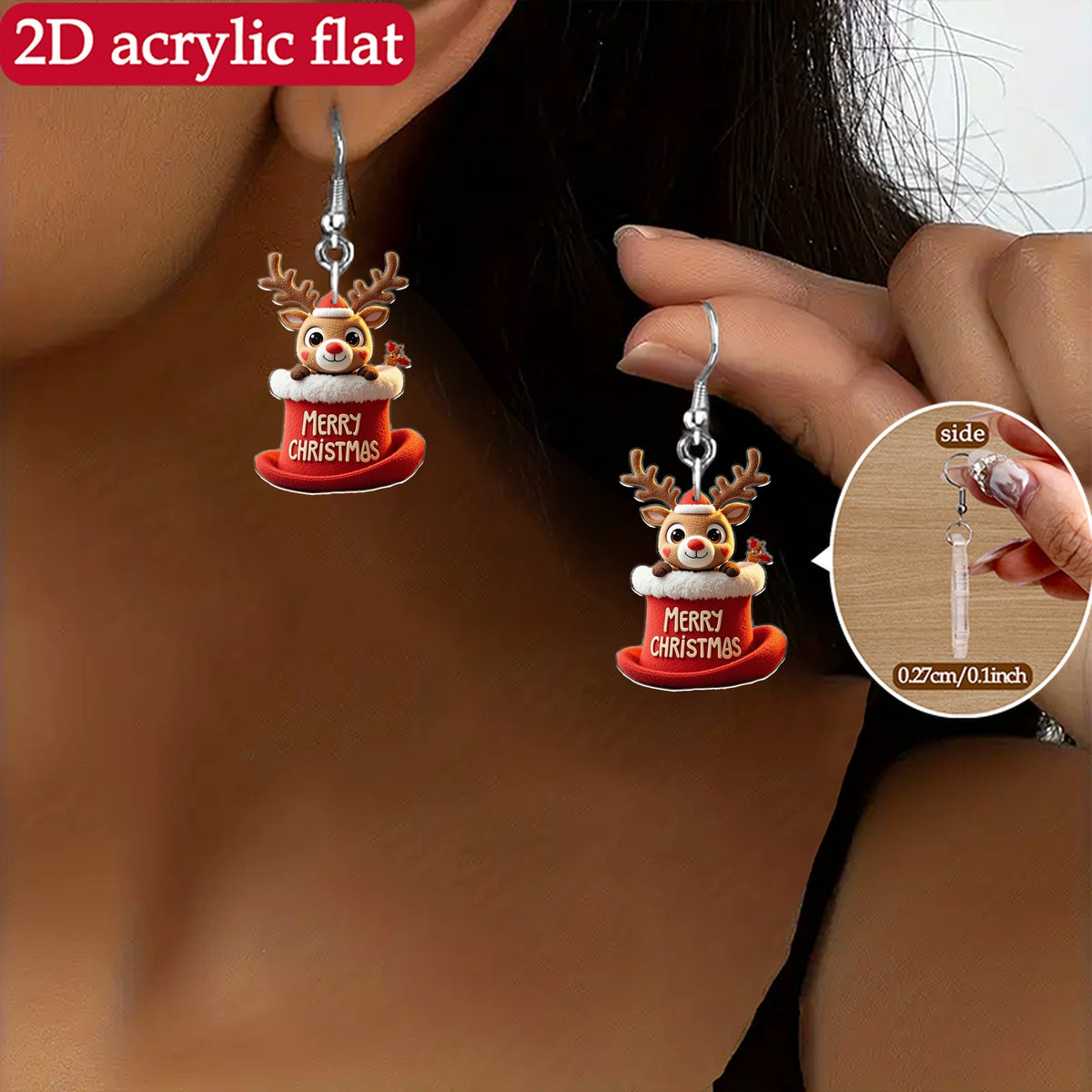 Christmas Reindeer with Red Hat & Jingle Bell Earrings