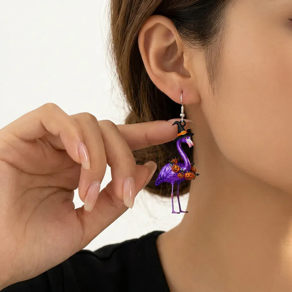 Sparkly Purple Glitter Flamingo Witch Hat Pumpkin Bat Garland Halloween Earrings