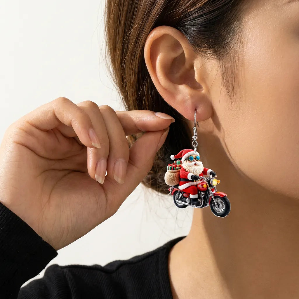 Santa Riding Motorcycle Christmas Earrings