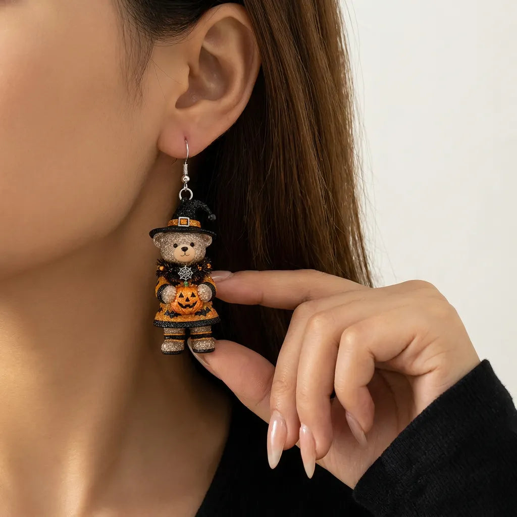 Sparkly Glitter Teddy Bear Witch Halloween Earrings
