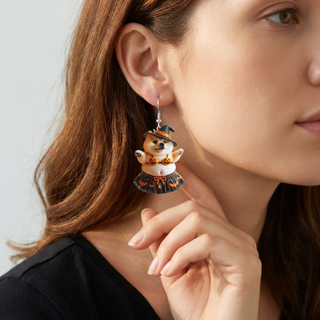 Halloween Shiba Inu Witch Dangle Earrings
