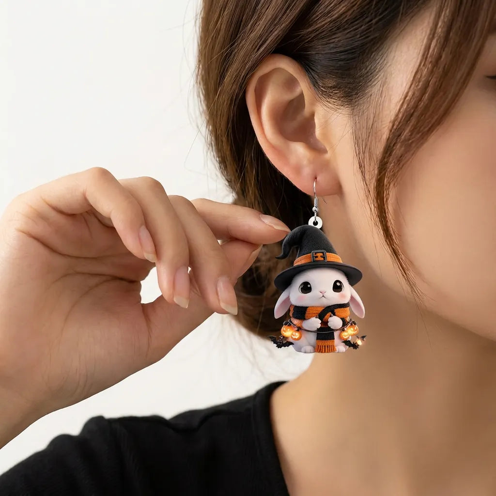 Bunny Witch Hat Pumpkin String Lights Bat Scarf Halloween Acrylic Earrings
