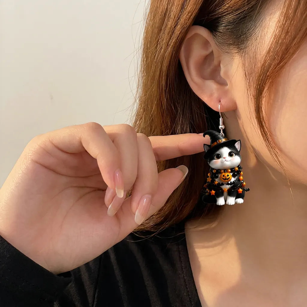 Tuxedo Cat Witch Hat Pumpkin Star Bat Beaded Garland Halloween Earrings