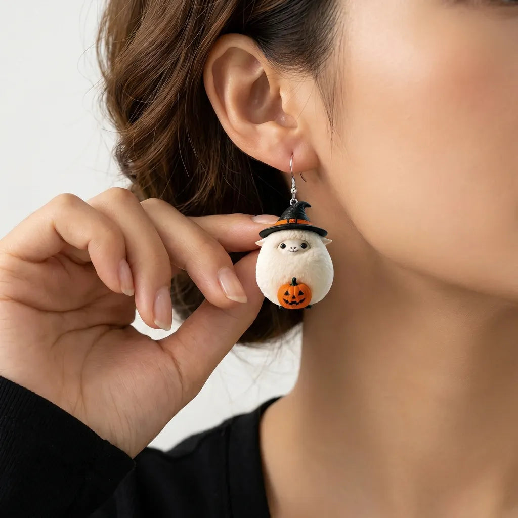 Fluffy White Sheep Witch Hat Pumpkin Halloween Earrings