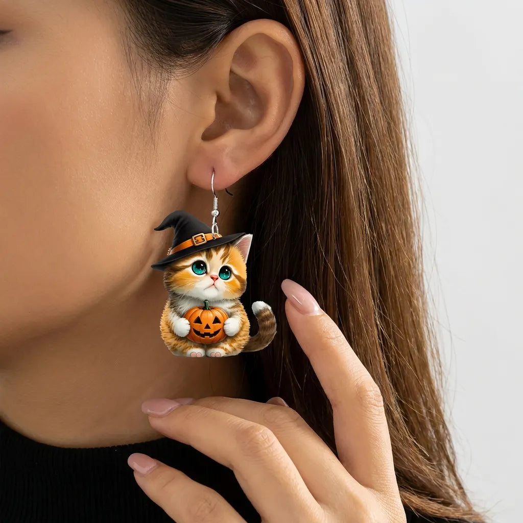 Orange Cat Holding Pumpkin Halloween Earrings