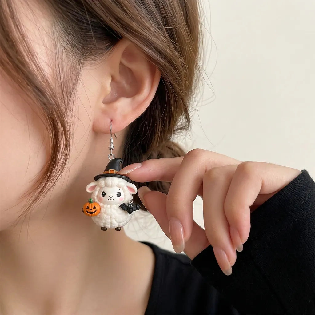 Kawaii White Sheep Witch Hat Halloween Earrings
