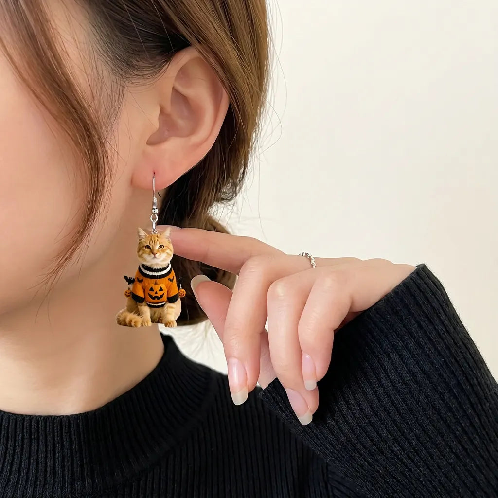 Orange Tabby Cat Pumpkin Bat Sweater Halloween Acrylic Earrings
