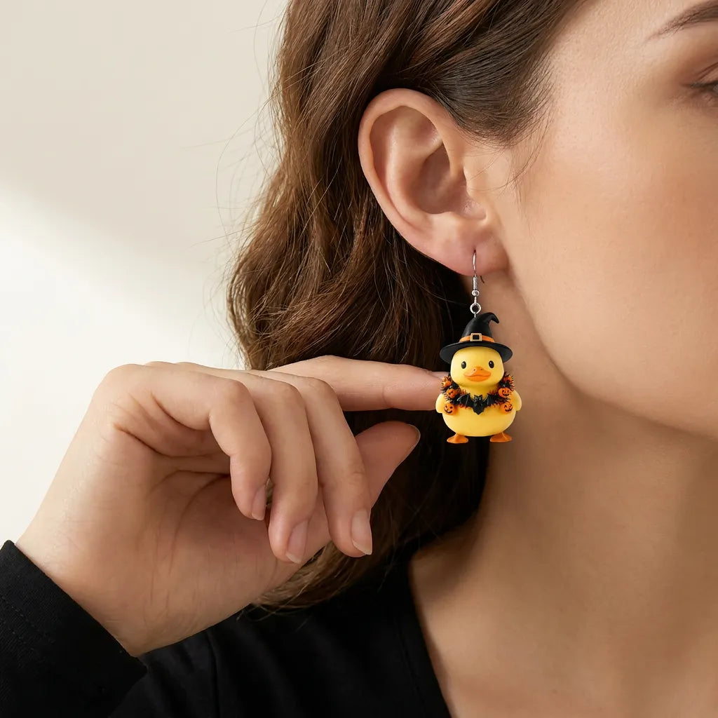 Yellow Rubber Duck Witch Hat Pumpkin Bat Wreath Halloween Earrings