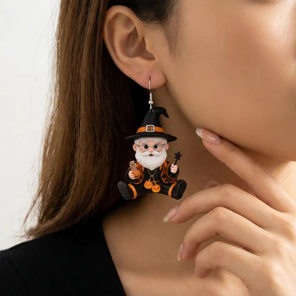 Cartoon Old Wizard Witch Robe Magic Wand Halloween Earrings