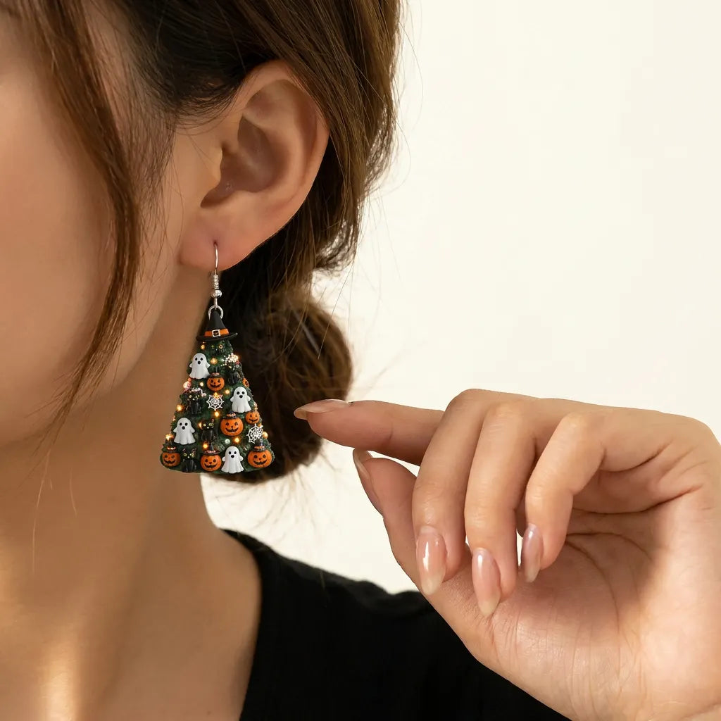 Halloween Tree Witch Hat Ghost Black Cat Spider Web Pumpkin Earrings