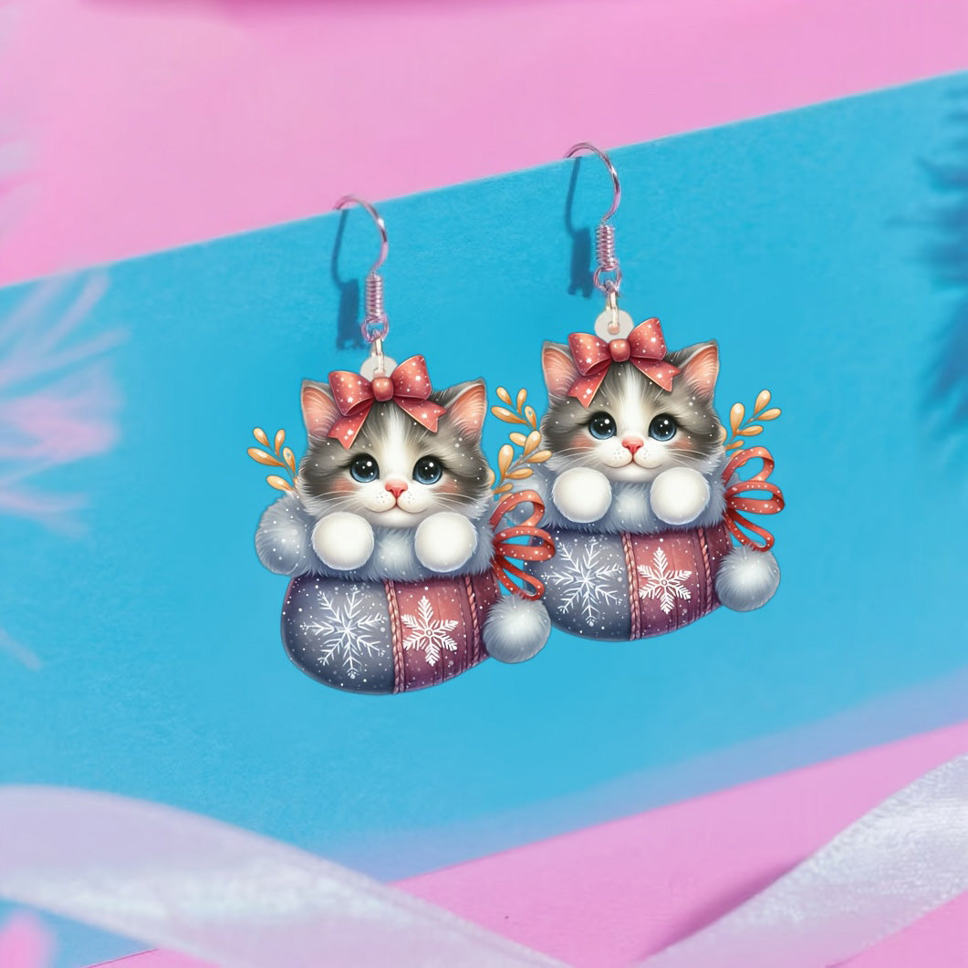 Christmas AcrylicCute Tabby Cat with Pink Bow & Snowflake Pattern Earrings