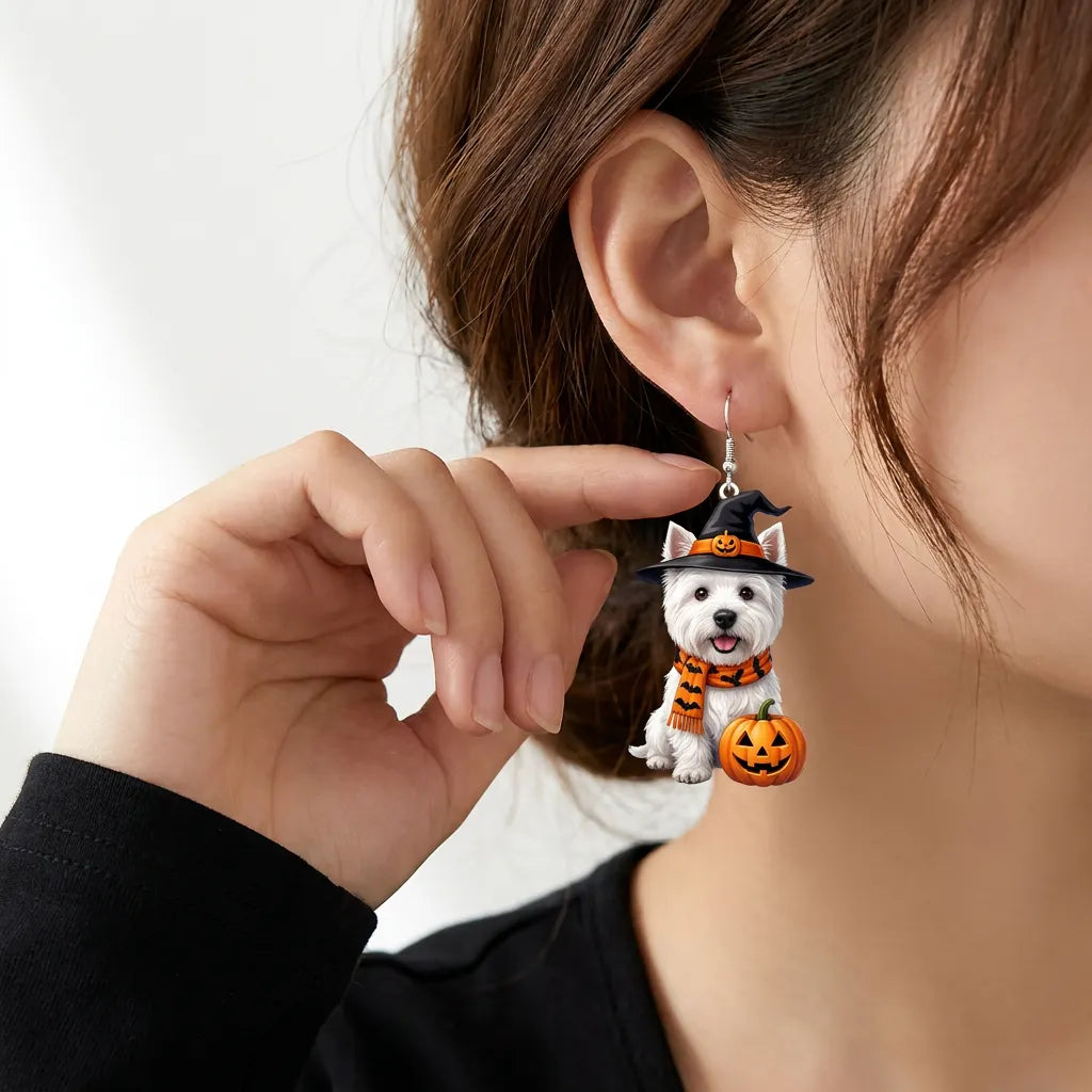 West Highland White Terrier Puppy Pumpkin Bat Knit Sweater Halloween Earrings