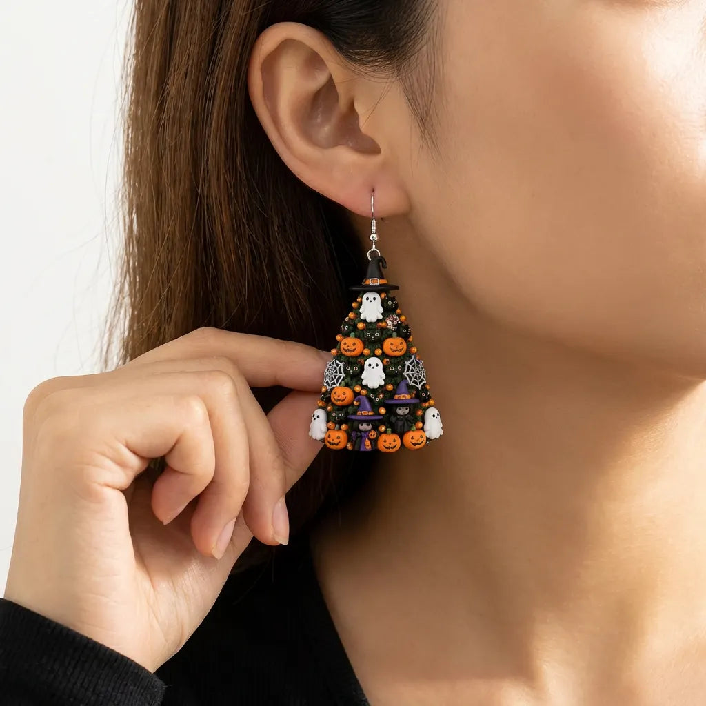Halloween Tree Witch Hat Ghost Pumpkin Black Cat Earrings