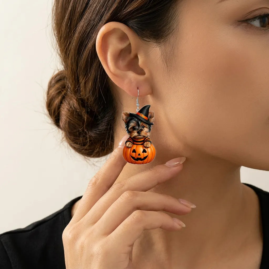 Yorkshire Terrier Puppy In Pumpkin Witch Hat Halloween Earrings