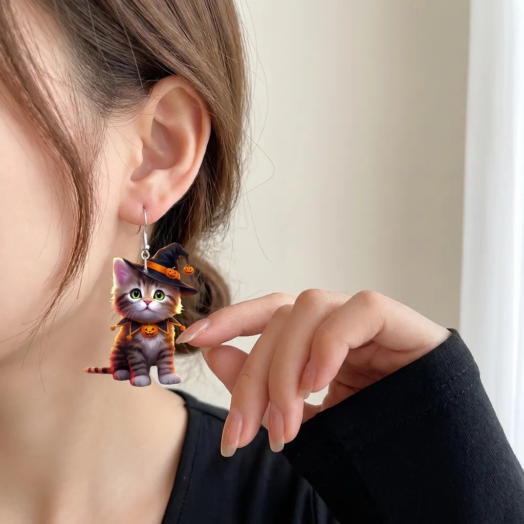 Cute Witch Tabby Cat Pumpkin Halloween Drop Earrings