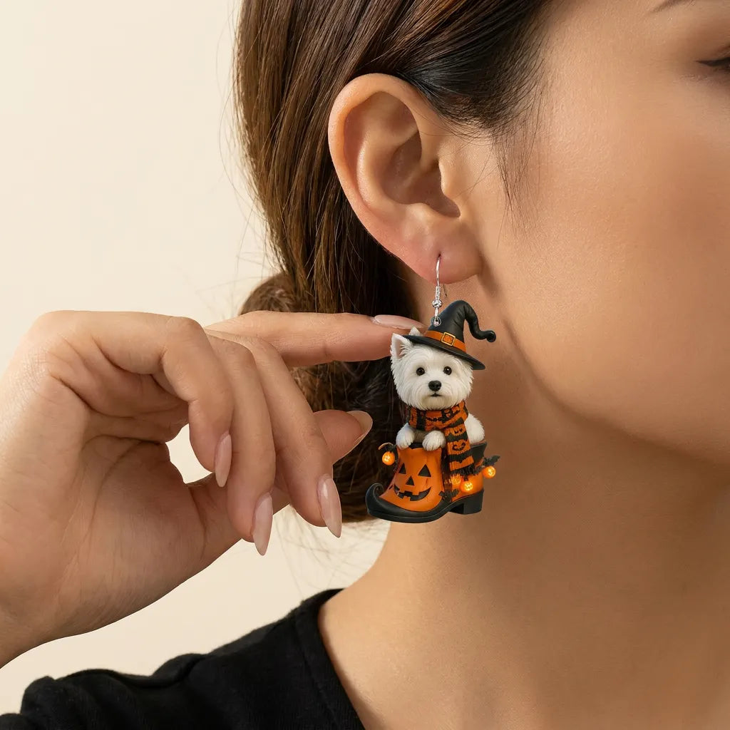 West Highland White Terrier Puppy In Pumpkin Witch Boot Halloween Earrings