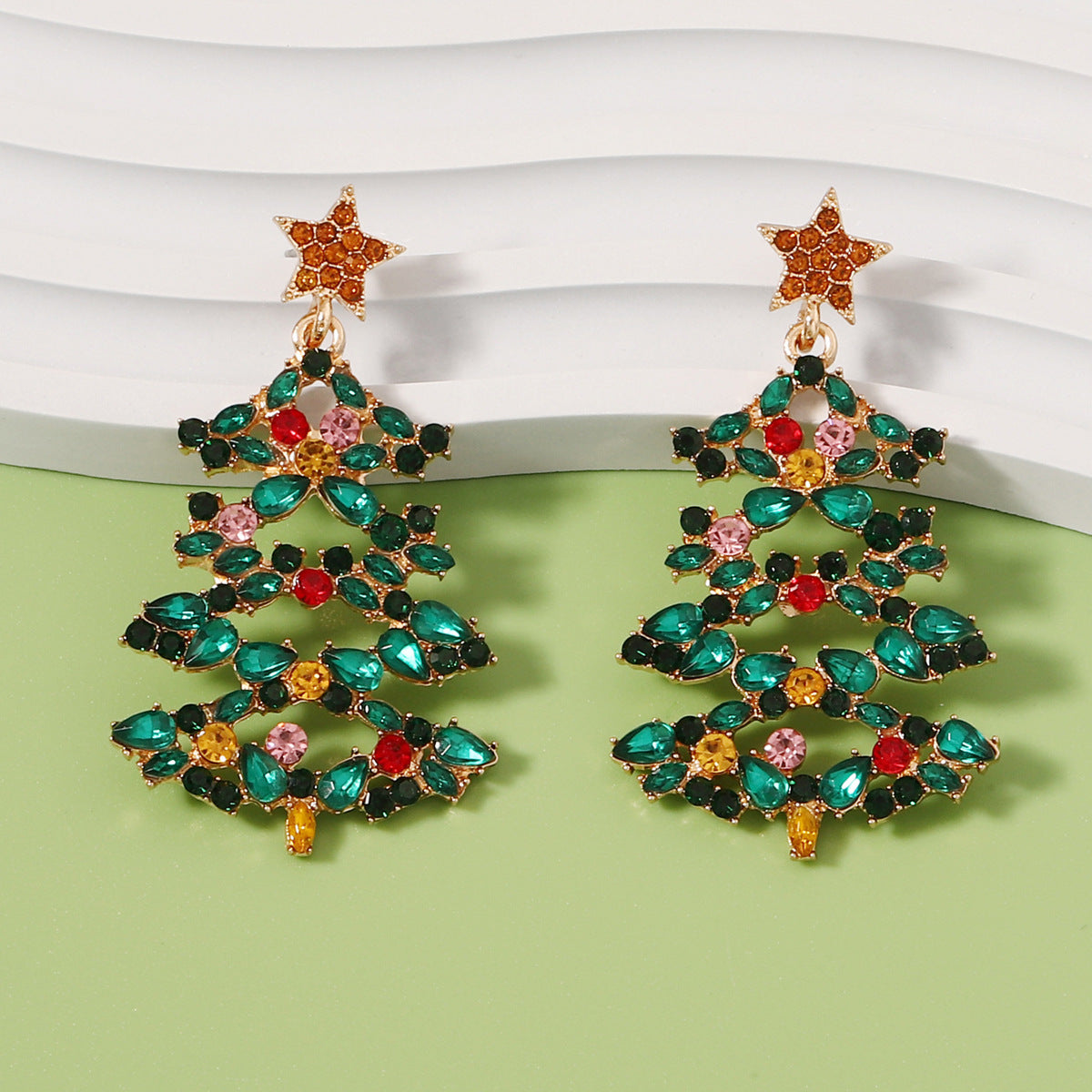 Christmas Tree Alloy Colored Diamond Earrings