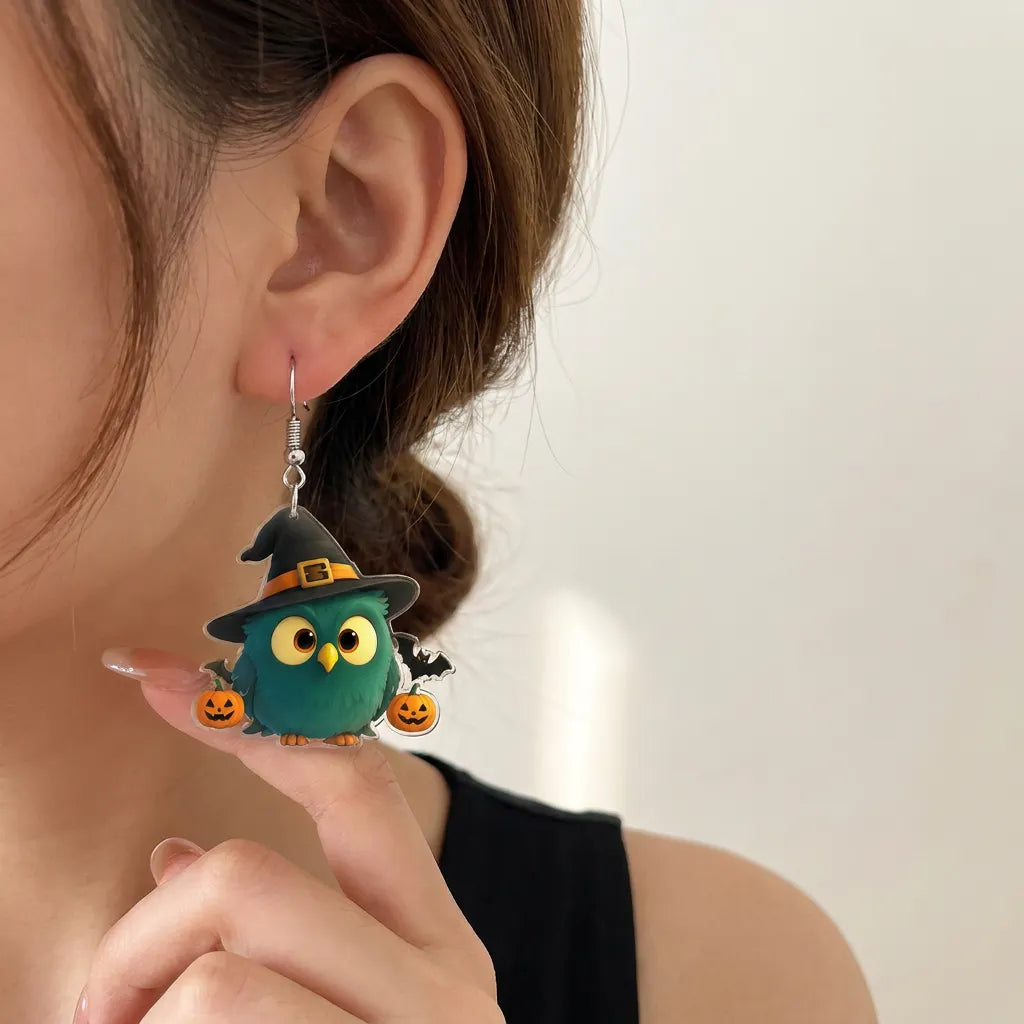 Green Owl Witch Hat Bat Halloween Acrylic Earrings