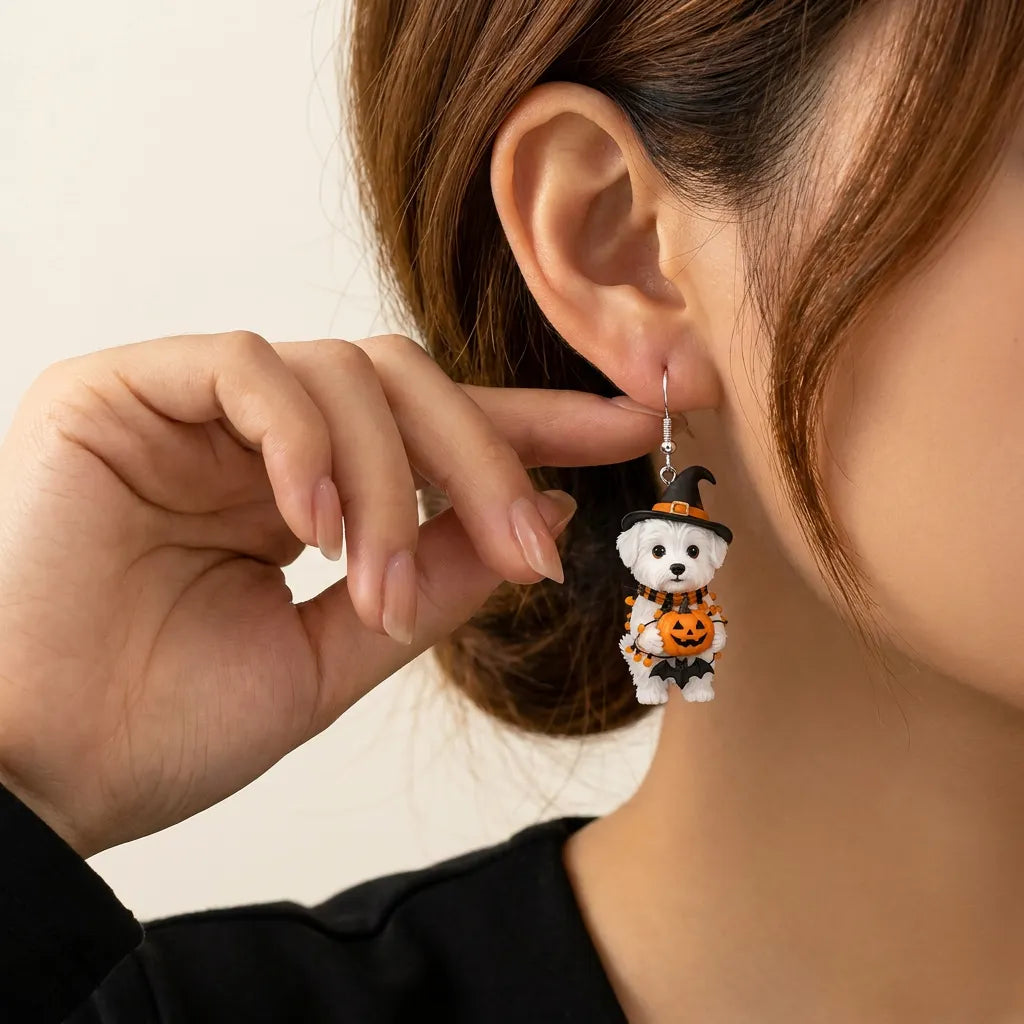 White Maltese Puppy Witch Hat With Pumpkin Halloween Earrings