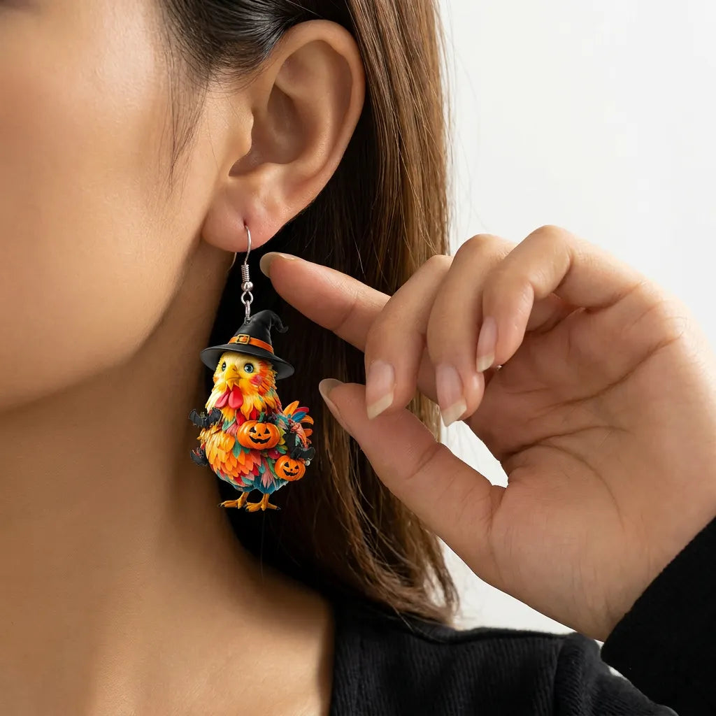 Colorful Chicken Witch Hat Bat Mini Pumpkins Halloween Acrylic Earrings