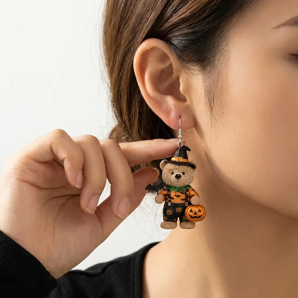 Teddy Bear Witch Hat Bat Print Overalls Halloween Earrings