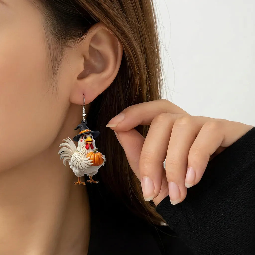 White Chicken Witch Hat Holding Pumpkin Halloween Earrings