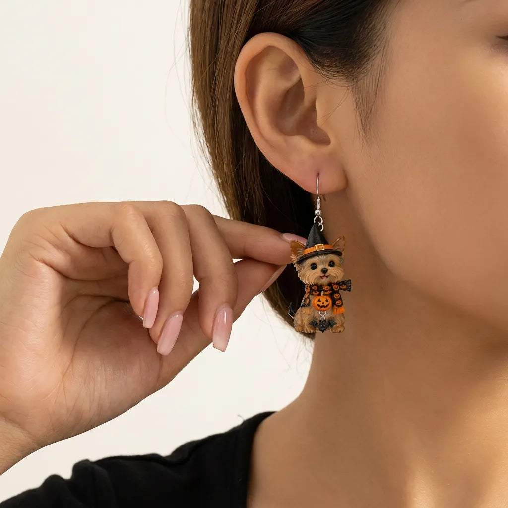 Yorkshire Terrier Witch Scarf Bat Charm HalloweenEarrings