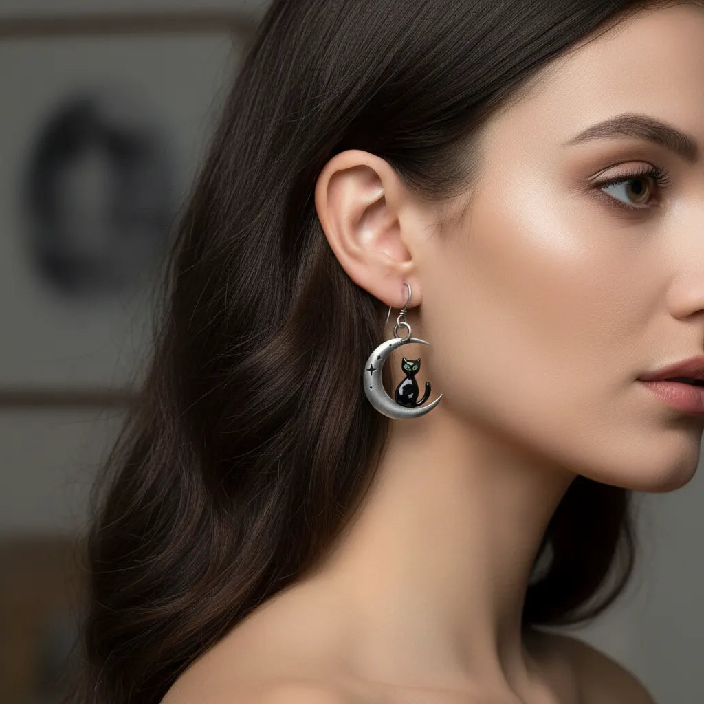 Vintage Black Cat Moon Drop Earrings