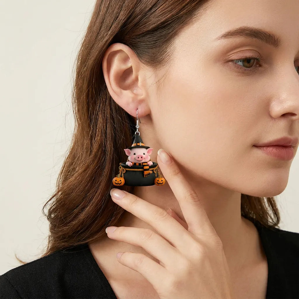 Piglet Witch Hat Striped Scarf Halloween Earrings