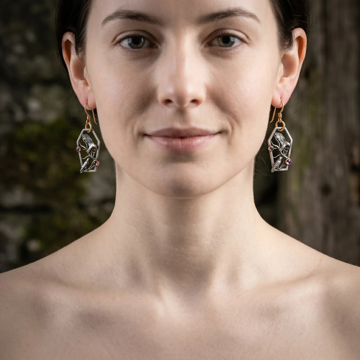 Vintage Coffin Double Raven Amethyst Drop Earrings