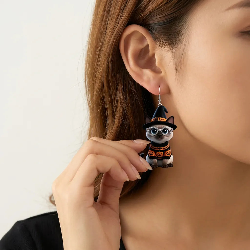 Siamese Cat With Rhinestone Glasses Halloween Earrings