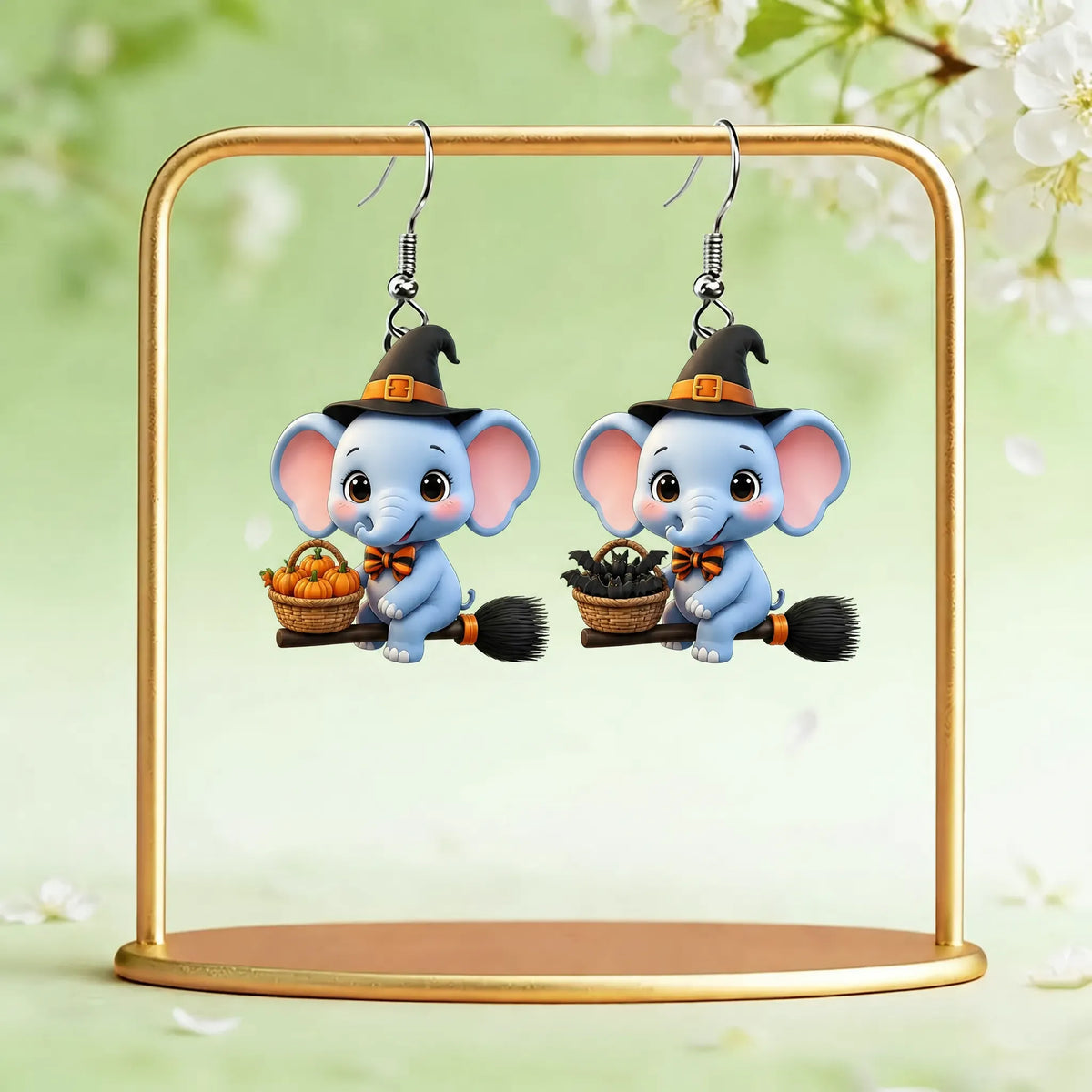 Mismatched Blue Elephant Witch Broom Pumpkin Halloween Acrylic Earrings