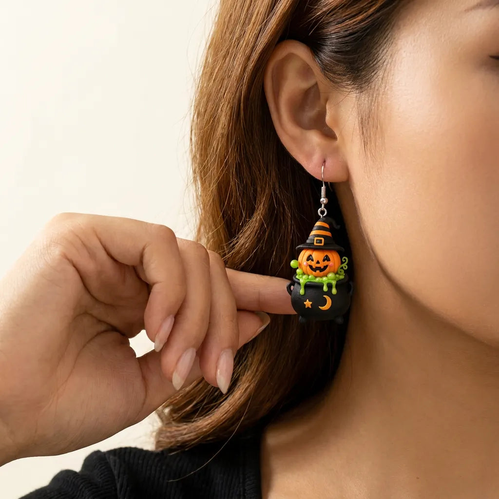 Pumpkin Witch Cauldron Halloween Dangle Earrings