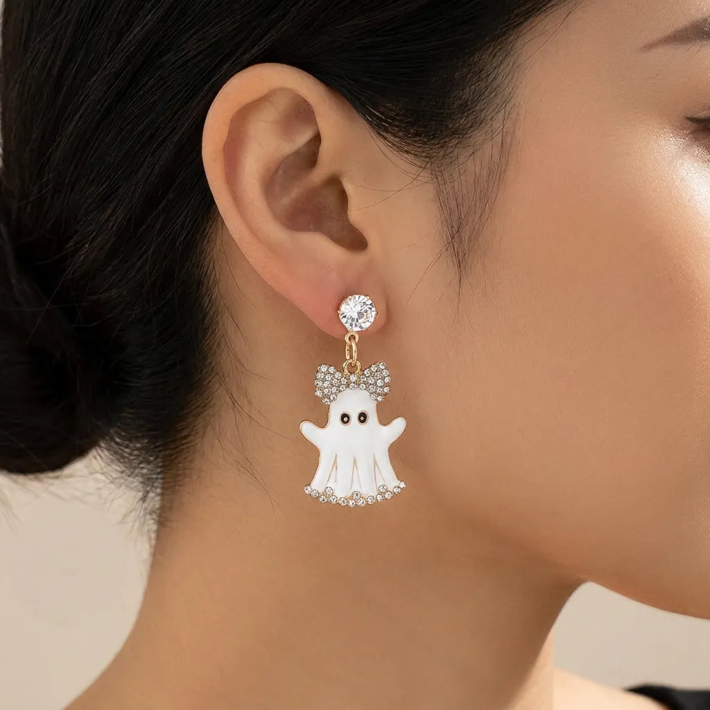 Vintage Rhinestone Bow Ghost Dangle Earrings