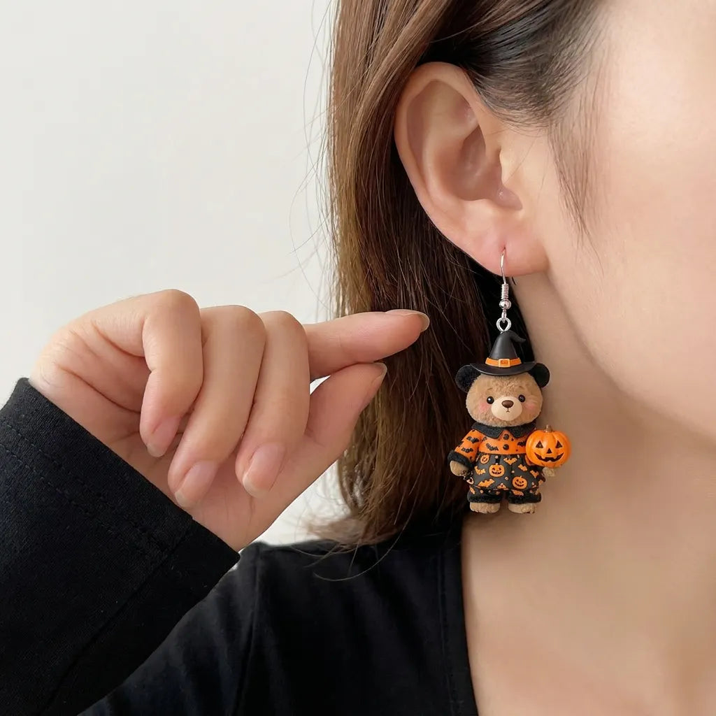 Cute Bear Witch Hat Bat Pumpkin Halloween Acrylic Earrings