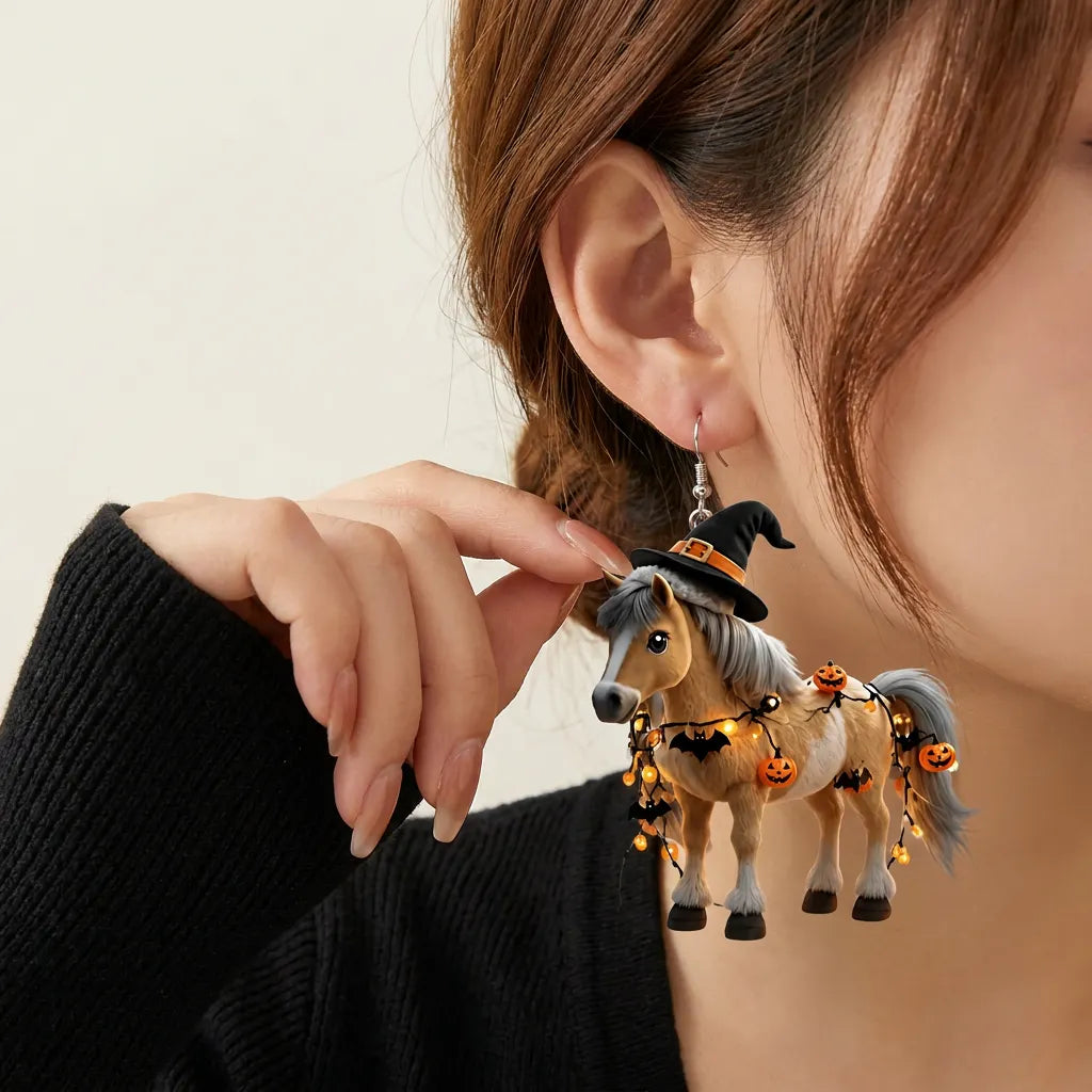 Halloween Witch Horse Pumpkin Light Earrings