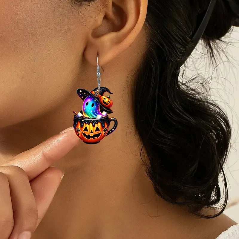 Vintage Halloween Pumpkin Cup Ghost Drop Earrings