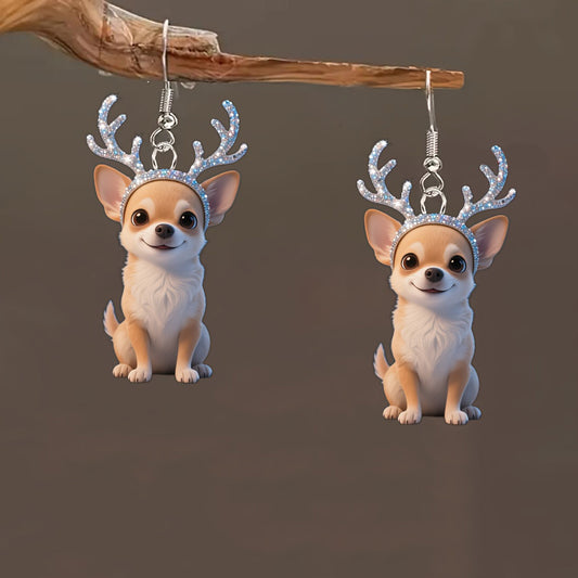 Christmas Chihuahua Wearing Sparkling Antler Earrings