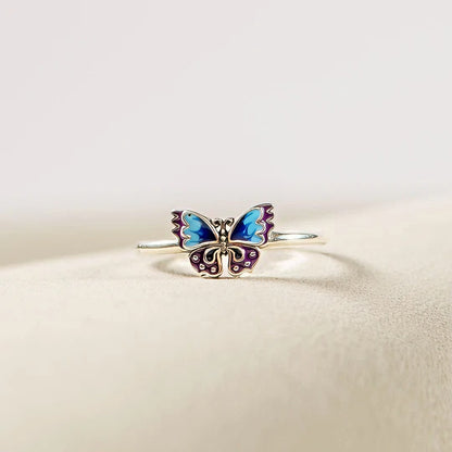 For Memory-Blue Enamel Butterfly Open Ring