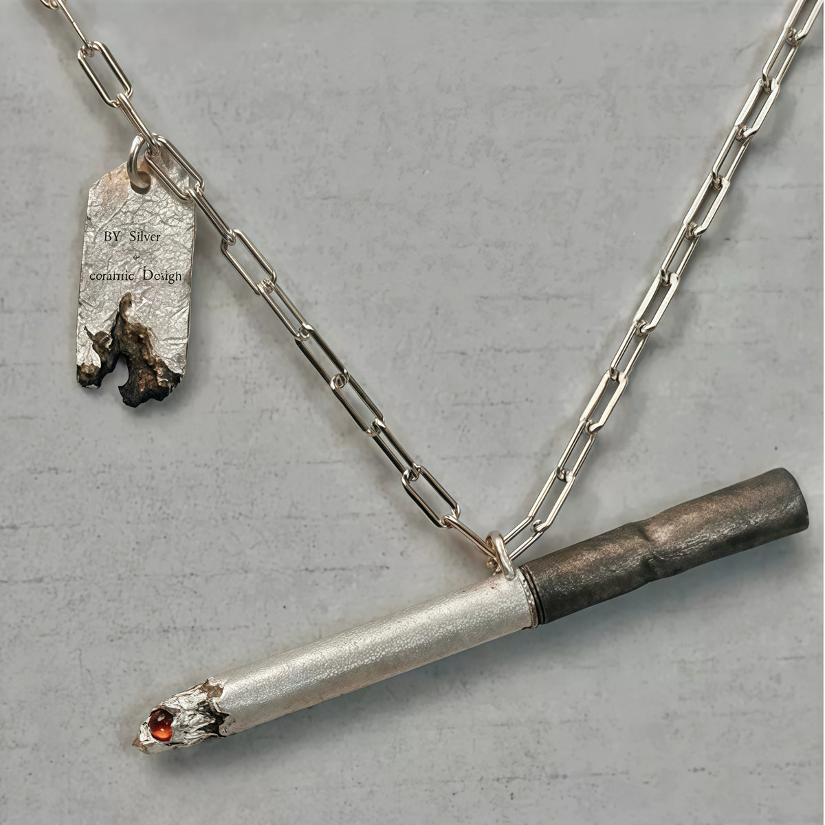 Burnt Cigarette Pendant Necklace with Engravable Distress Tag – Avant-Garde Streetwear Jewelry