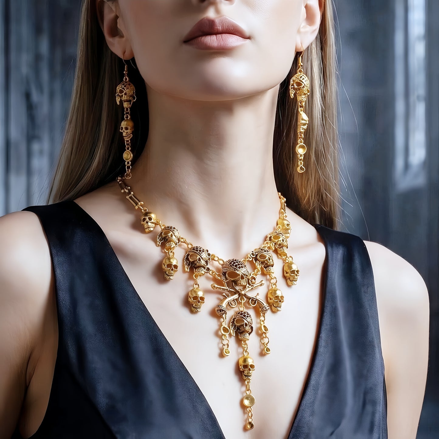 The Queen of the Damned: Vintage Gothic Skull Choker & Dangle Earrings Jewelry Set