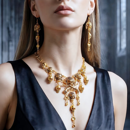 The Queen of the Damned: Vintage Gothic Skull Choker & Dangle Earrings Jewelry Set