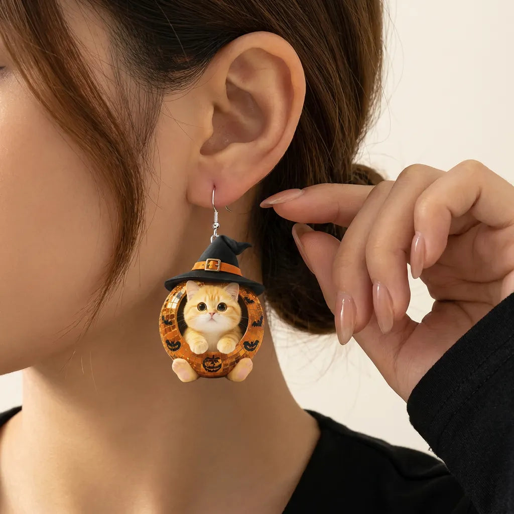 Orange Disco Ball Witch Hat With Ginger Cat Inside Halloween Earrings