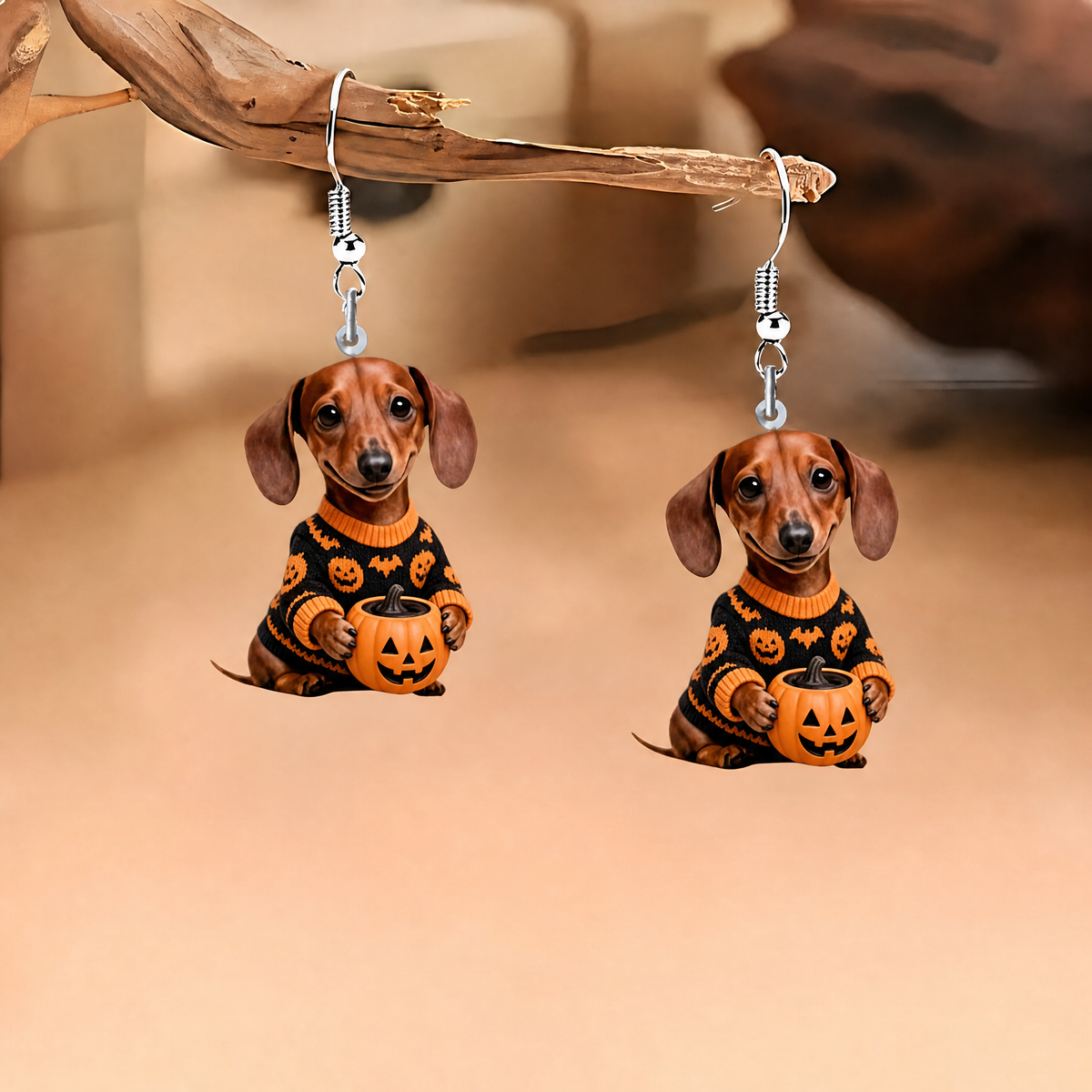 Dachshund In Pumpkin Sweater Halloween Acrylic Earrings