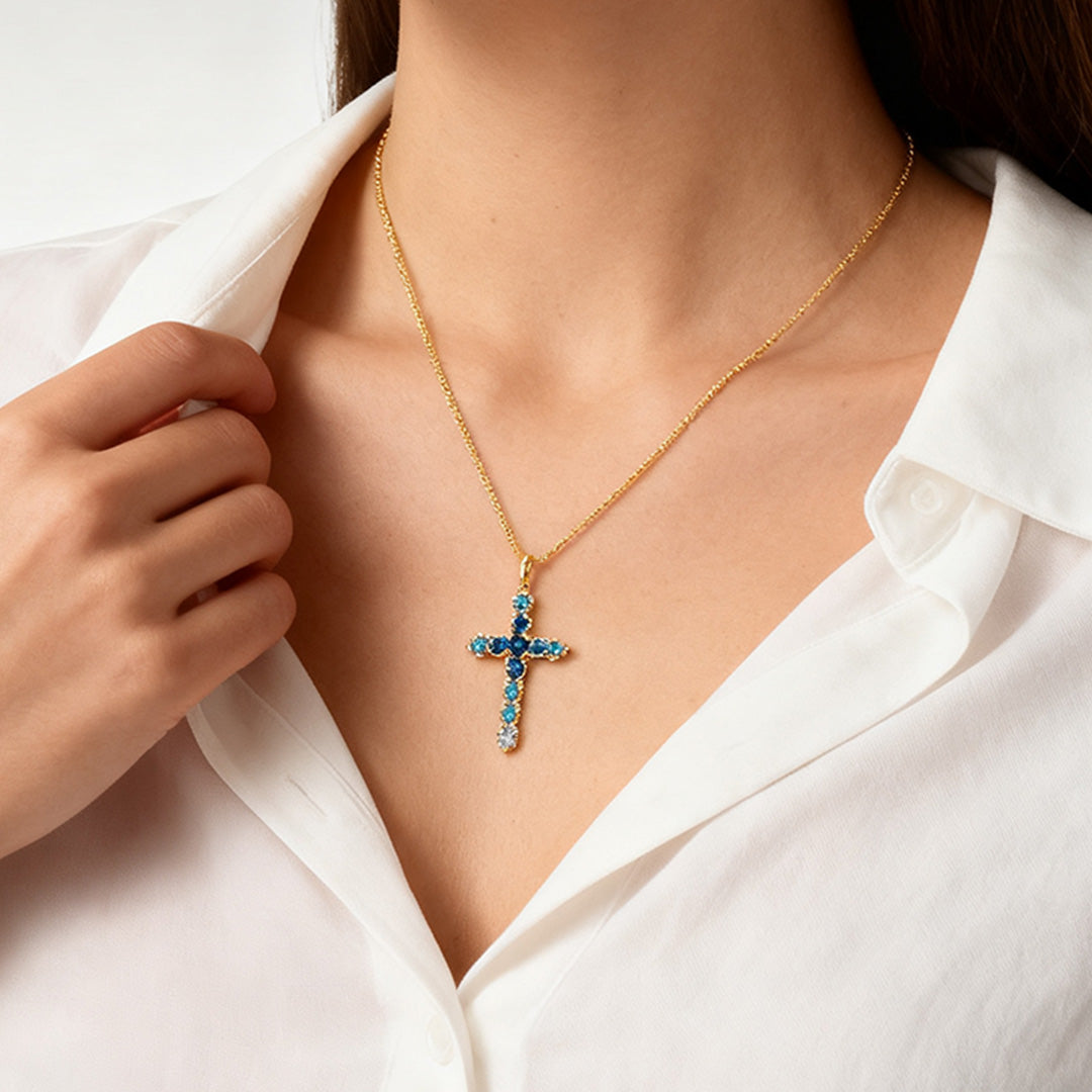 Colorectal Cancer Awareness-Blue Gradient Cross Necklace