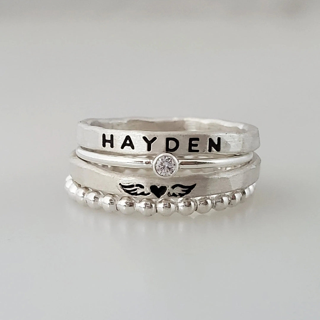 Mama Of An Angel Custom Name Stacked Ring - 4 Rings Set