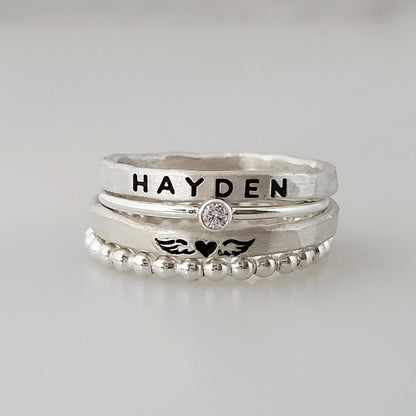 Mama Of An Angel Custom Name Stacked Ring - 4 Rings Set