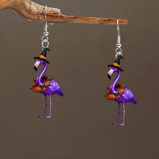 Sparkly Purple Glitter Flamingo Witch Hat Pumpkin Bat Garland Halloween Earrings