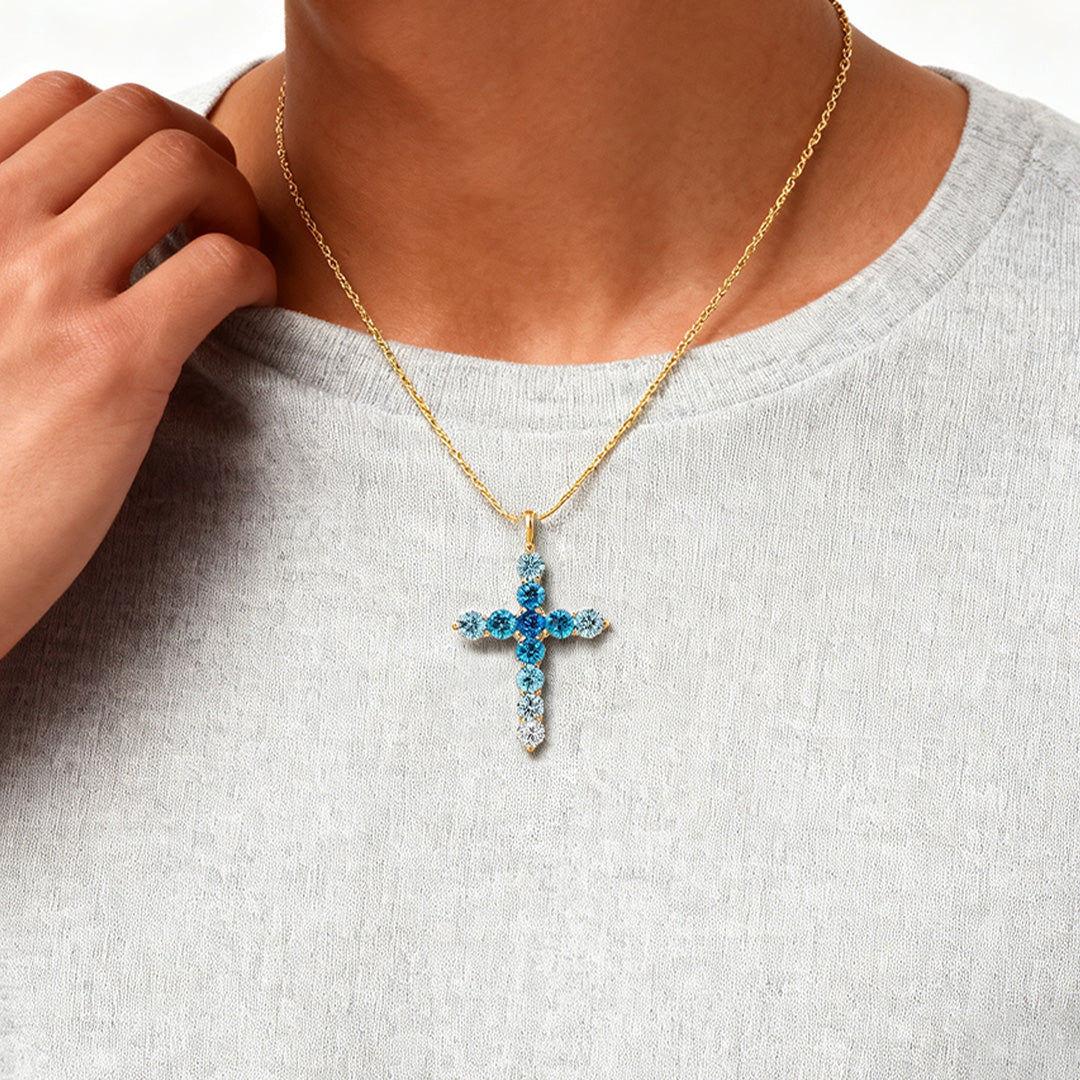 Colorectal Cancer Awareness-Blue Gradient Cross Necklace